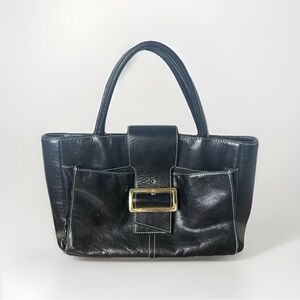 Danier Black Genuine Leather Satchel Tote Gold Buckle Detail